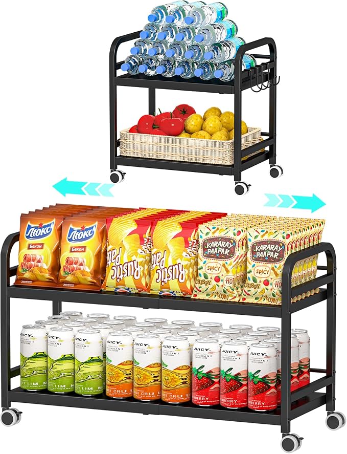 2-Tier Expandable Rolling Cart, Pantry Storage Cart with Wheels, Adjustable Rolling Pantry Floor Organizer, Metal Under Desk Cart, Can Storage & Snack Organizer for Kitchen Pantry, Black