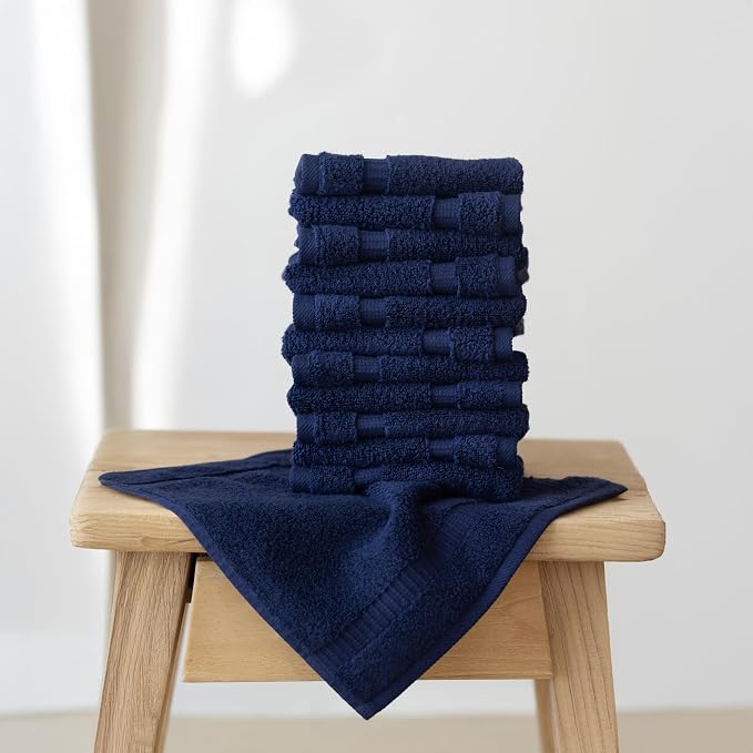 SALBAKOS 12-Piece 100% Turkish Cotton Washcloths and Face Towels, Navy | 13x13 in Standard Size Small Towel, Multi-use Bathroom & Kitchen, Thick Super Soft Absorbent Durable, Oeko-Tex Made in Turkey