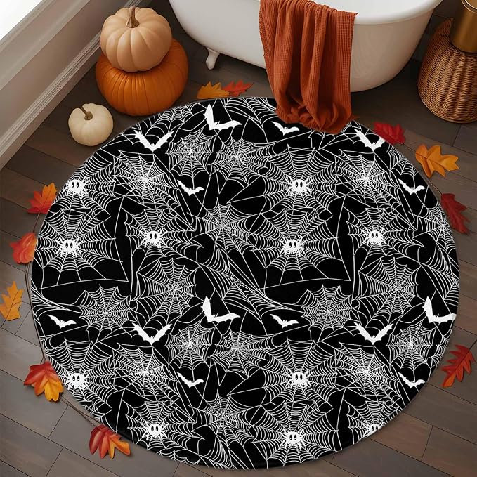4 Ft Round Rug for Home Office, Halloween Indoor Accent Rugs for Living Room, Black Scary White Bat Animal Net Geometric Decorative Circle Carpet Washable Low Pile Non Slip, Soft Rug for Bedroom
