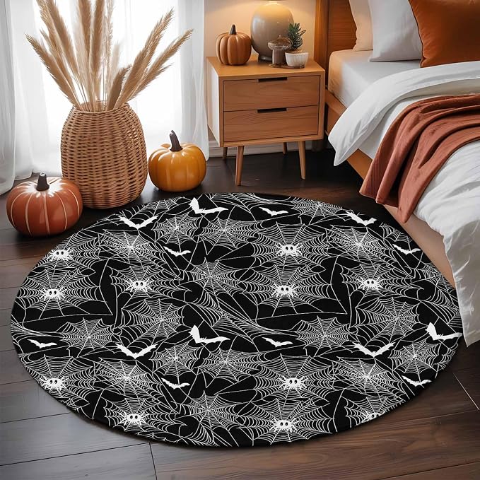 4 Ft Round Rug for Home Office, Halloween Indoor Accent Rugs for Living Room, Black Scary White Bat Animal Net Geometric Decorative Circle Carpet Washable Low Pile Non Slip, Soft Rug for Bedroom