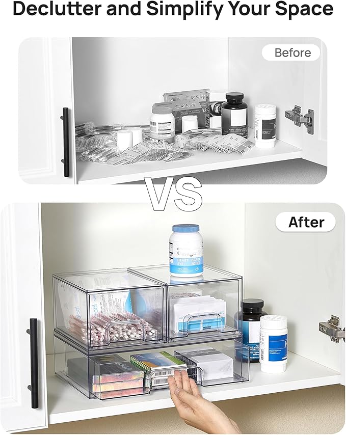 Vtopmart Stackable Storage Drawers Set of 4, Clear Plastic Organizer Bins for Bathroom Supplies,Ideal for Cabinet,Pantry,Laundry Room Organization