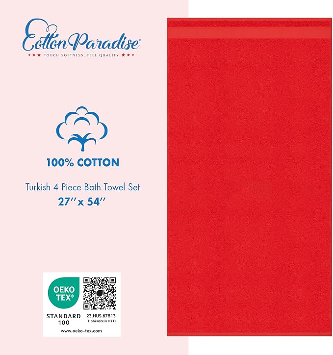 Cotton Paradise 100% Cotton Turkish Towel Set, Soft Absorbent Quick Dry, 4 Piece Bath Towel Set, Red