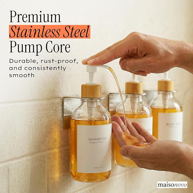 Shampoo and Conditioner Dispenser Wall Mounted Set of 3 Clear Bamboo - No Drill Shower Soap Dispenser for Bathroom Refillable - Spa Hotel Style Accessories by MaisoNovo | 500 ml Shower Gel Dispenser Set of 3. Refillable Shampoo and Conditioner Bottles....