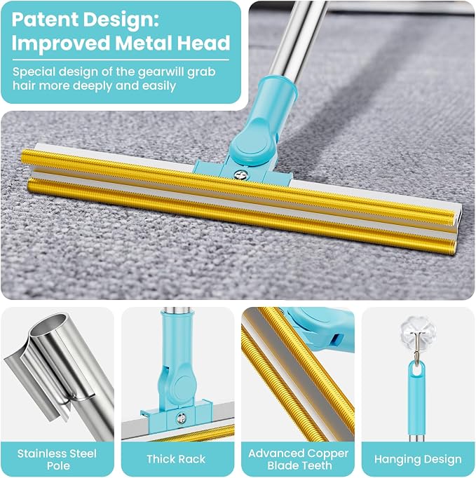 3 in 1 Carpet Rake for Pet Hair Removal, Tool Set of 3, Blue | 55" Long Handle, Carpet Scraper, Dog Cat Hair Remover, For Sofa, Couch, Car, Rug