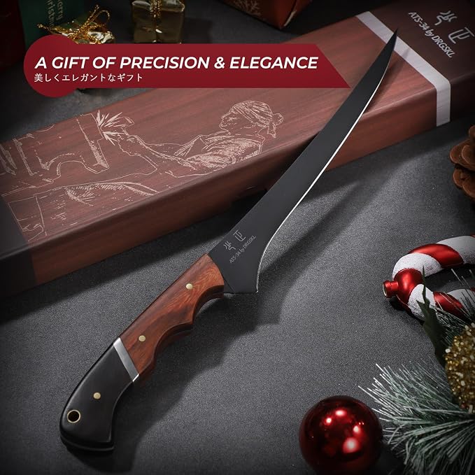 DRGSKL Fish Fillet Knife 7 inch - Black Slicing Knife with Wooden Handle | Japanese ATS-34 Steel, Full Tang, Ergonomic Walnut Handle, Precision Cutting, Gift Box