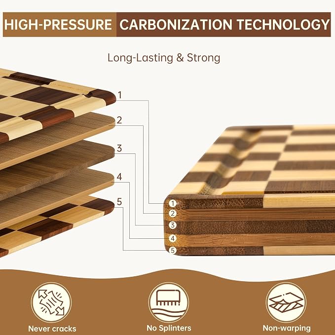 Checkered Bamboo Cutting Boards for Kitchen, Thick End Grain | Wood Chopping Board with Juice Groove, Butcher Block for Meat, Bread & Fruit, Medium, 14"L x 10"W x 0.8"Th