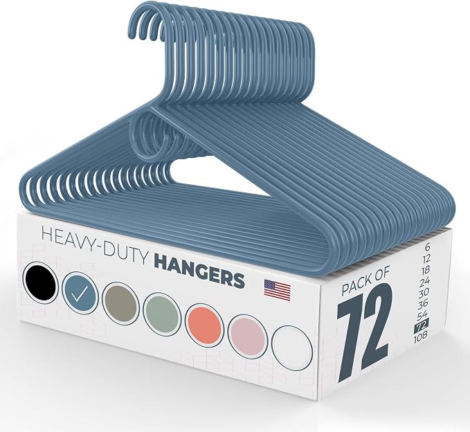 Heavy Duty Clothes Hangers 50+ Pack (72 Count) – Made in the USA – 8lb Capacity Plastic Hangers for Adult Clothing – Durable for Pants, Coats, Jackets, or Jeans – Blue