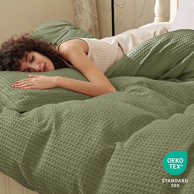 PHF Waffle Weave Duvet Cover Set Queen Size, No Snagging Ultra Soft Luxury Textured Breathable Comforter Cover for All Season 3pcs, Durable Bedding Duvet Set with 2 Pillow Shams, 90"x90", Olive Green