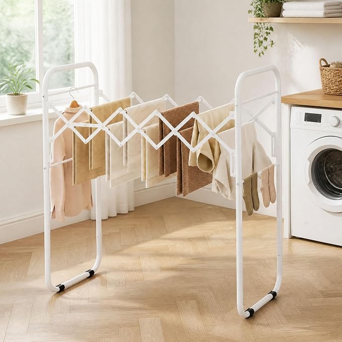 STORAGE MANIAC Clothes Drying Rack Foldable for Indoor Outdoor Use, White | 13 Drying Rails Accordion | Antirust Metal Free-Standing Laundry Drying Rack for Clothing Towels | 16.9"D x 36.4"W x 38.2"H