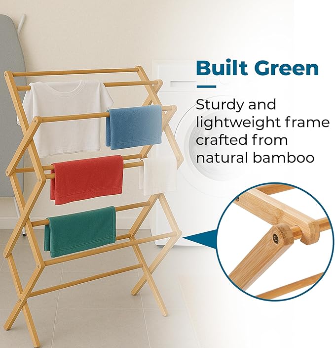 Honey-Can-Do Collapsible Bamboo Drying Rack – Sturdy & Foldable Laundry Drying Rack, Space-Saving & Portable Clothes Rack for Air-Drying Clothes, Towels, Blankets & Delicates, Indoor & Outdoor Use.