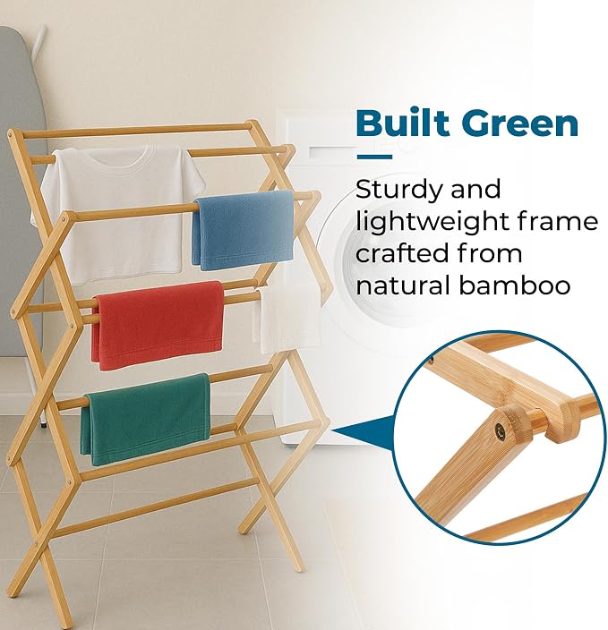 Honey-Can-Do Bamboo Collapsible Clothes Drying Rack, 25 Linear Feet | Folds flat for storage; 40 lb capacity; multi-tier drying for sweaters, towels & delicates; indoor or outdoor use