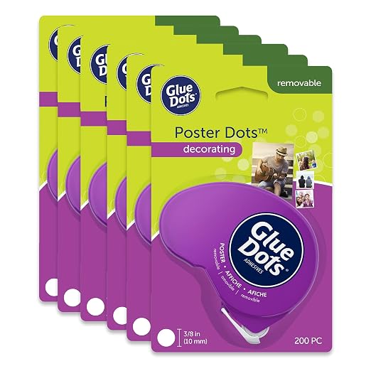 Glue Dots, Poster Dots Dot N' Go Dispenser, Removable, Double-Sided, 3/8", .38 Inch, 1200 Dots, DIY Craft Glue Tape, Sticky Adhesive Glue Points, Liquid Glue Alternative, Clear, 6 Pack