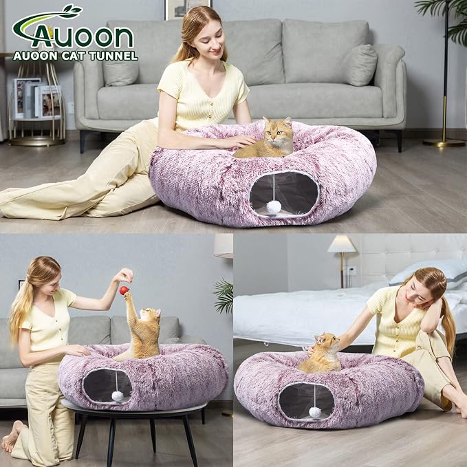 AUOON Plush Cat Tunnel Bed for Indoor Cats, 36"L x 36"W x 11.5"H, Rosiness | 2 in-1 Interactive Cat Toy, with Hanging Ball Toy, Machine Washable Center Pad, for Kitten Puppy Rabbit Ferret