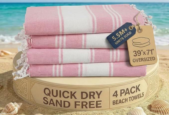 LANE LINEN Turkish Beach Towel 4 Pcs, Beach Towels, for Adults - Candy Pink | Pre-Washed Pool Towel - Quick Dry & Sand Free - 39"x71", Vacation Essential - Machine Washable, Travel & Camping, Gym & Yoga