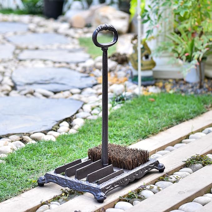 Sungmor Heavy Duty Cast Iron Shoe Scraper Brush, Vintage Rustic Brown Boot Scraper Brush with Handle, Farmhouse Garden Outdoor Boots Mud Cleaner, Shoe Brush Scrubber for Front Door Entrance