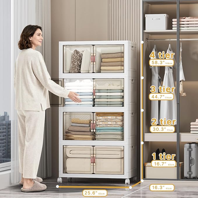 Stackable Storage Bins, 448QT Collapsible Drawers with Lid & Wheels | Large Capacity, Magnetic Door, Stack Lock, Rolling Casters, Foldable Design, Organizers and Storage for Bedroom Dorm Garage