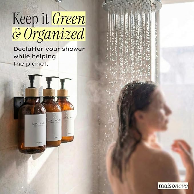 Shampoo and Conditioner Dispenser Wall Mounted Set of 3 Amber Bamboo - No Drill Shower Soap Dispenser for Bathroom Refillable - Spa Hotel Style Accessories by MaisoNovo | 500 ml Shower Gel Dispenser Set of 3. Refillable Shampoo and Conditioner Bottles....