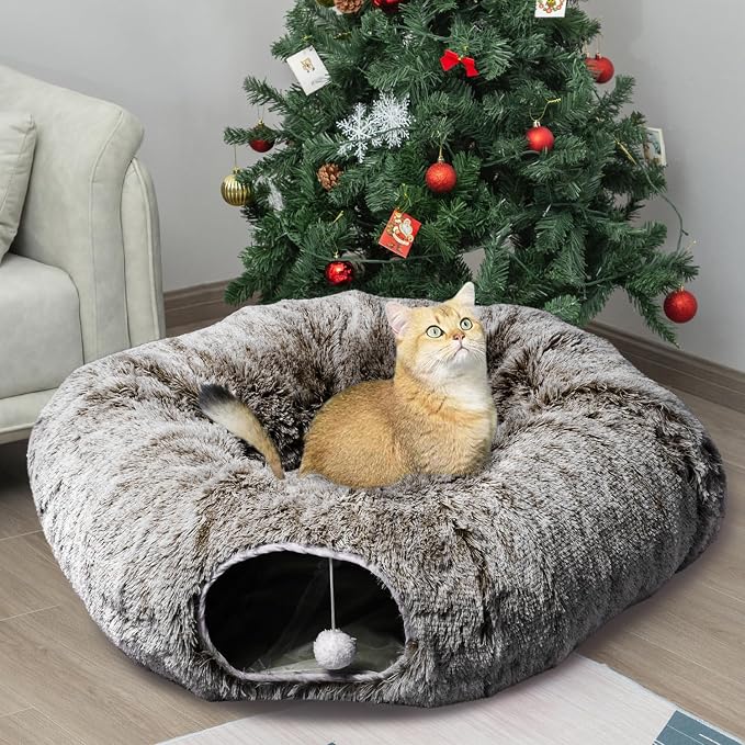 AUOON Plush Cat Tunnel Bed for Indoor Cats, 36" L x 36" W x 11.5" H, Brown | 2 in-1 Interactive Cat Toy, with Hanging Ball Toy, Machine Washable Center Pad, for Kitten Puppy Rabbit Ferret