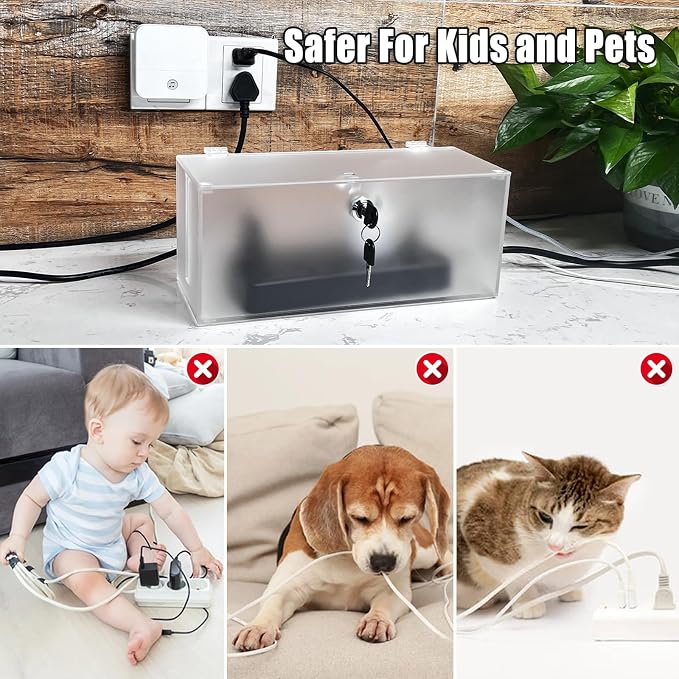 Cable Management Box with Lock,Cable Organizer Box & Power Strip Cover,Frosted Acrylic, Wire Storage and Organization for Cords,Suitable for TV, Computer,Child and Pet Proof(2PC)