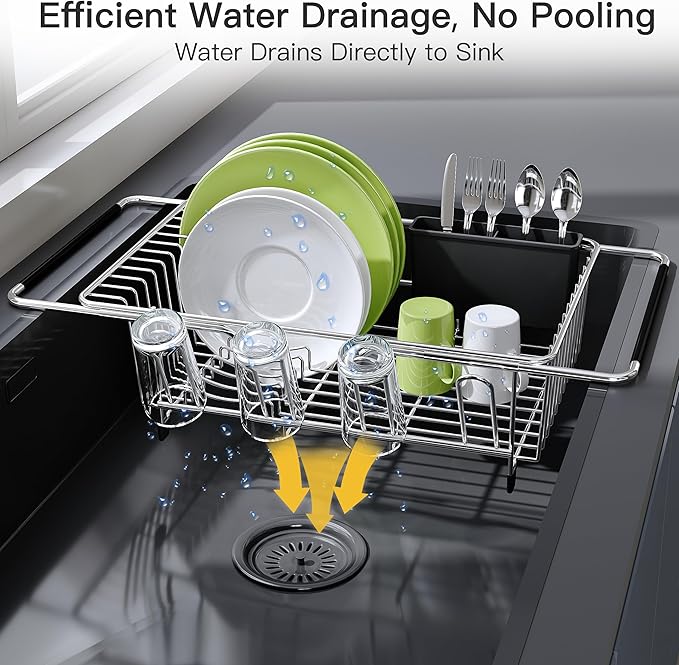 JASIWAY in Sink Dish Drying Rack with Mat, Cups and Utensil Holder | Use Over the Sink or Counter, Stainless Steel Expandable Dish Drainer for Small Kitchen, Space Saving, Fast Drain, Rustproof