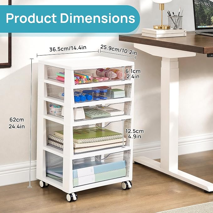 Vtopmart Plastic Drawer Storage Rolling Cart with Wheels, 5-Tier Drawer Organizer for Art Crafts Supplies, Home Office Supplies, Toys, Under Desk Storage for Office, Craft Room, Bedroom, Classroom