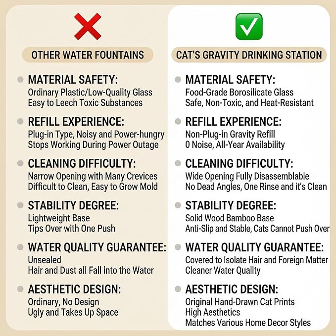 Gravity Cat Water Fountain No Electricity, 2.3L/77oz Cat Water Dispenser, Glass Water Bowl with Stainless Steel Basin, 0 Noise, Dustproof, Easy to Clean, for Indoor Cats & Small Pets