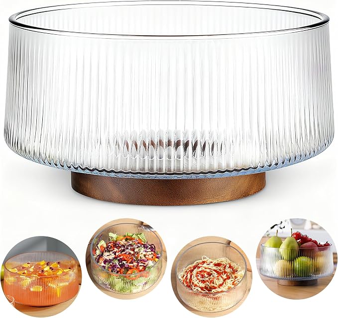 NiHome Glass Salad Bowl, Large Serving Bowl, Acacia Wood | Separate-Piece Ribbed Design for Easy Dishwasher Cleaning, Versatile for Pasta, wine & Snacks at Gatherings
