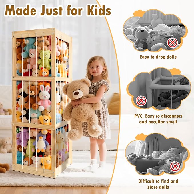 Stuffed Animal Storage – Large Capacity Toy Organizers for Kids | Wooden Stuffed Animal Holder with Elastic Zoo Bars | Plushies Storage Toy Chest for Nursery, Playroom, or Bedroom