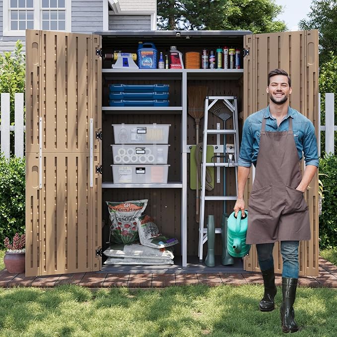 Aoxun Outdoor Storage Shed with Floor, 64 Cu.Ft Outdoor Storage Cabinet | Large Waterproof Vertical Resin Shed for Garden Tools, Pool Equipment, Brown
