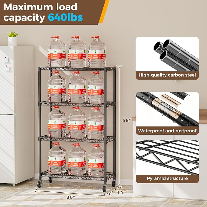 Golpart 4 Tier Shelves Storage Shelf Wire Closet Bathroom Organizers Metal Pantry Kitchen Garage Shelving Unit Laundry Room Organization Home Rack Net Basket Black with Wheels 14”D X 36”W X 58”H