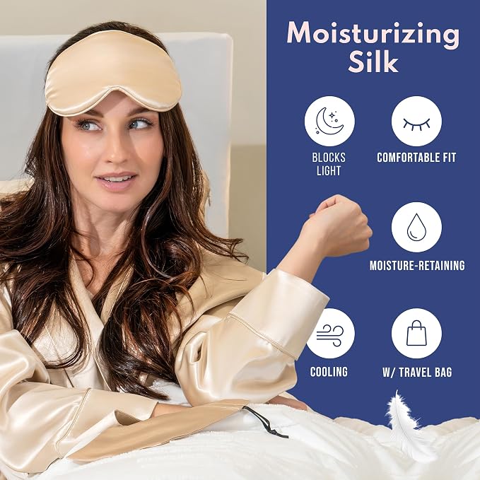 Blissy Silk Sleep Mask Profile - 100% Pure Mulberry Silk 22 Momme 6A Fibers Silk Eye Sleeping Mask for Women & Men for Total Blackout - Blindfold Silk Sleep Mask Side Sleeper Eye Cover (Champagne)