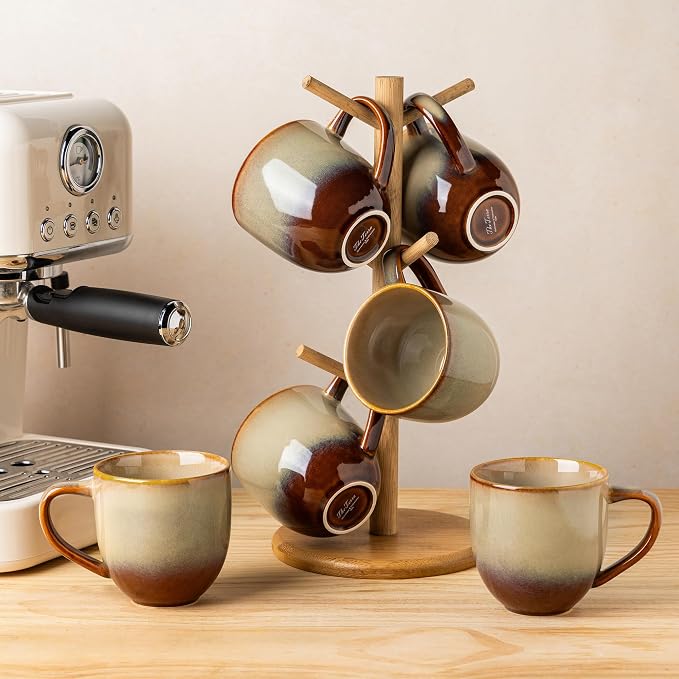 theterra Ceramic Coffee Mugs Set of 6, 12oz Handmade Coffee Cups with Handle for Latte, Tea, Milk, Beer, Hot Cocoa, Creamy Amber