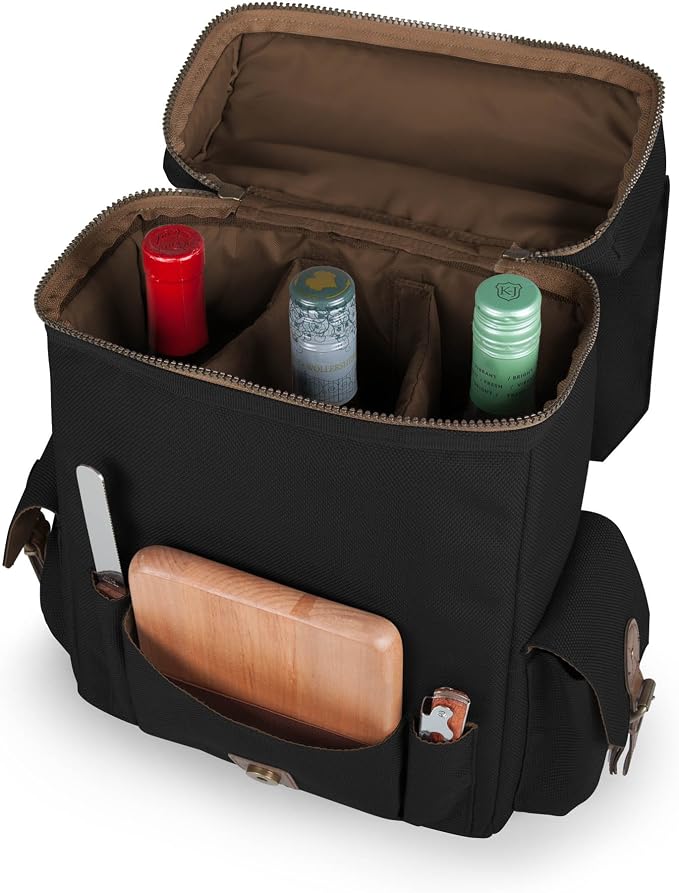 Picnic TIME Moreno 3-Bottle Wine & Cheese Tote, Luxury 3 Bottle Insulated Wine Bag Set with Cheese Board, Knife, & Corkscrew, Adjustable PaddedStrap, and Pockets, Romantic Kit for Couples, (Black)