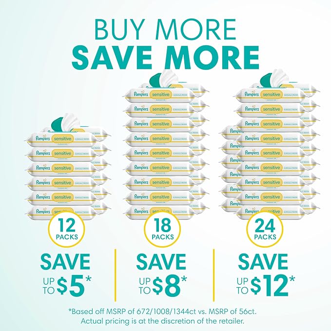 Pampers Sensitive Baby Wipes, Clinically Proven, Fragrance Free, Unscented, Water Based, Hypoallergenic, Multi-Use, Hand Wipes 1008 Wipes Total (18X Flip-Top Packs) [Packaging May Vary]