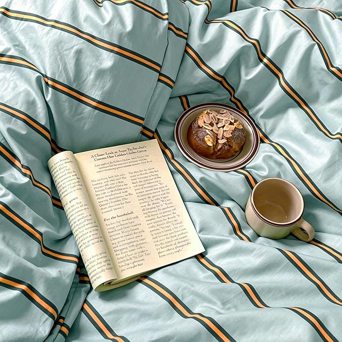 mixinni Retro Mint Blue Striped Duvet Cover Set - 100% Natural Cotton 3-Piece Vintage Stripes Pattern Printed Bedding Set, Soft Breathable Comforter Cover with Zipper Closure & Corner Ties, King Size