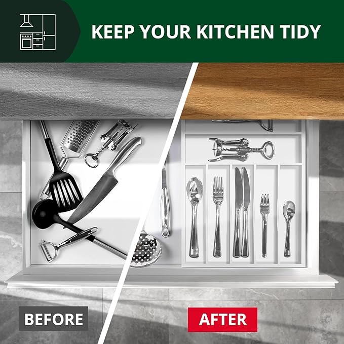 Luxury Bamboo Kitchen Drawer Organizer - Silverware Organizer - Utensil Holder and Cutlery Tray with Grooved Drawer Dividers for Flatware and Kitchen Utensils (7 Slot, White)