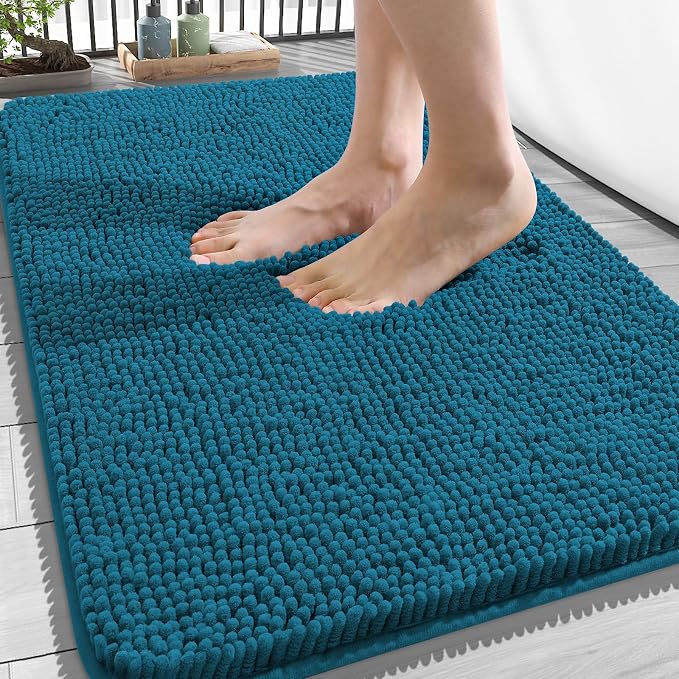 OLANLY Bathroom Rugs 34x21, Extra Soft Absorbent Chenille Bath Rugs, Rubber Backing Quick Dry, Machine Washable Bath Mats for Bathroom Floor, Tub and Shower, Home Decor Accessories, Peacock Blue