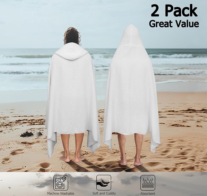 COTTON CRAFT Hooded Bath Towel for Adults – 2 Pack 100% Cotton Bath Sheet | Waffle Weave Oversized 35x70 inch Ringspun Terry Bath Wrap with a hood - Soft Super Absorbent Quick Dry – 450 GSM – White