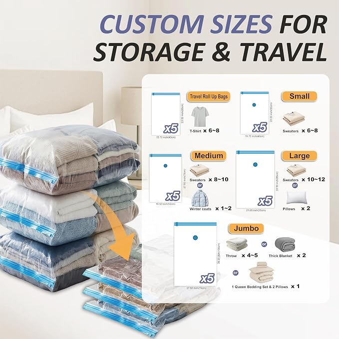 Cozy Essential Vacuum Storage Bags, 80% Compression Vacuum Seal Space Saver Plastic Packaging Bags for Clothes, Blankets, Pillow, Bedding, Comforters, Sealer Clothing Storage,25 Combo