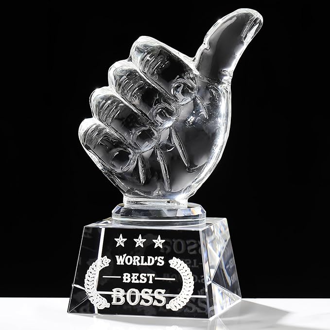 Movdyka World's Best Boss Gifts for Women Men - Crystal Keepsakes Thumbs Up Shape Plaque Great Bosses Day Gift for Office Going Away, Thank You, Farewell & Retirement, Decor