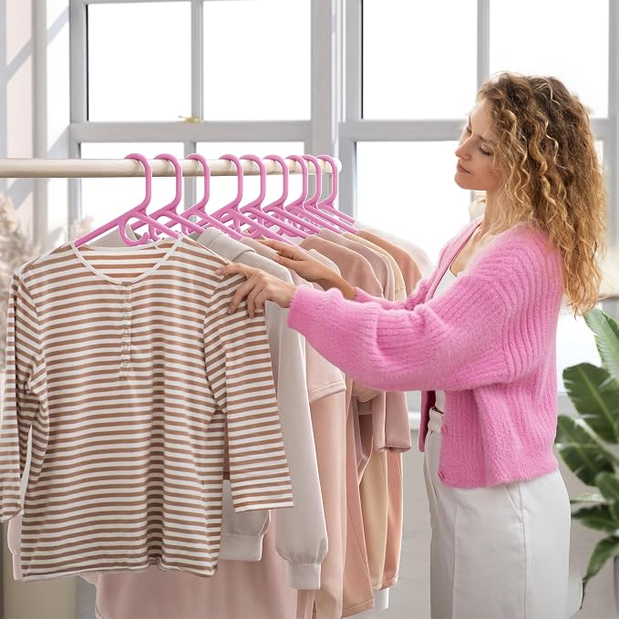 NEATERIZE Thick Heavy Duty Hangers - Pink Plastic Clothes Hangers 24 Pack - Great for Coat Hanger, Jackets Jeans & Suit Hanger for Closet - New Apartment Essentials Percheros Ganchos para Colgar Ropa