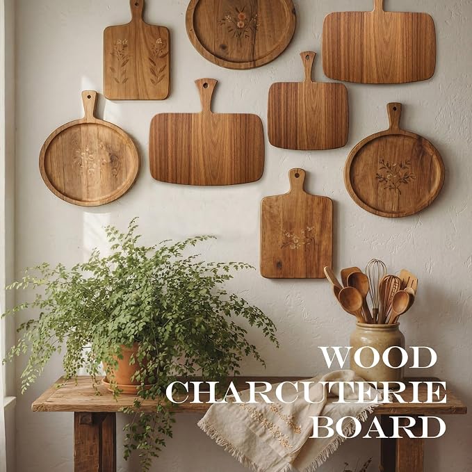 Nuenen Wood Cutting Board with Handle 12x11x0.47 Inch Acacia Bamboo Wooden Serving Kitchen Chopping Boards for Pizza, Bread, Cheese, Charcuterie, Fruit, Vegetables(1 Pcs, Acacia)