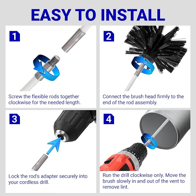 [New] BlueStars 60FT Dryer Vent Cleaner Kit with Drill Attachment | Flexible lint remover brush extends up to 60 ft and works with or without a power drill