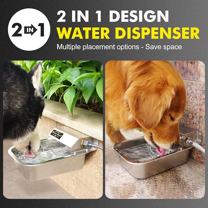 Automatic Water Dispenser for Dogs, 3L Stainless Steel Dog Water Bowl Dispenser, Automatic Water Feeder for Chicken & Livestock, Outdoor Auto-Fill Water Bowl Fit 3/4'' GHT Faucet, Easy Clean