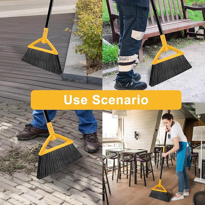 Heavy Duty Angle Broom 4 Pack - Yellow Broom for Outdoor & Indoor, Garage, Driveway, Sidewalk, Kitchen & More, Long Handle