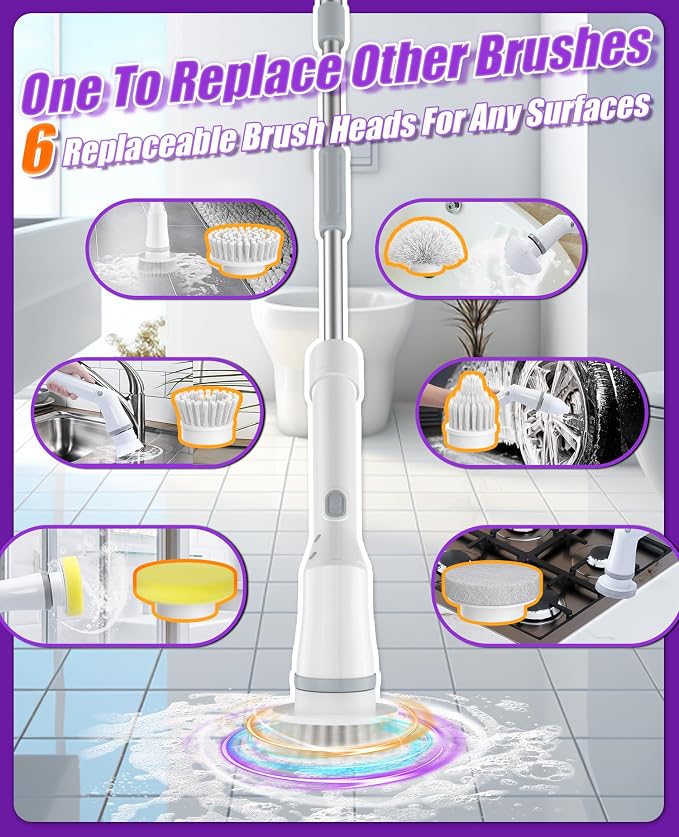 6-in-1 Cordless Electric Spin Scrubber with Long Handle | Power scrubber, bathroom scrubber, 47.2 in long handle, 2 speed scrub brush, IPX7 rated body, kitchen, tile, tub, floor