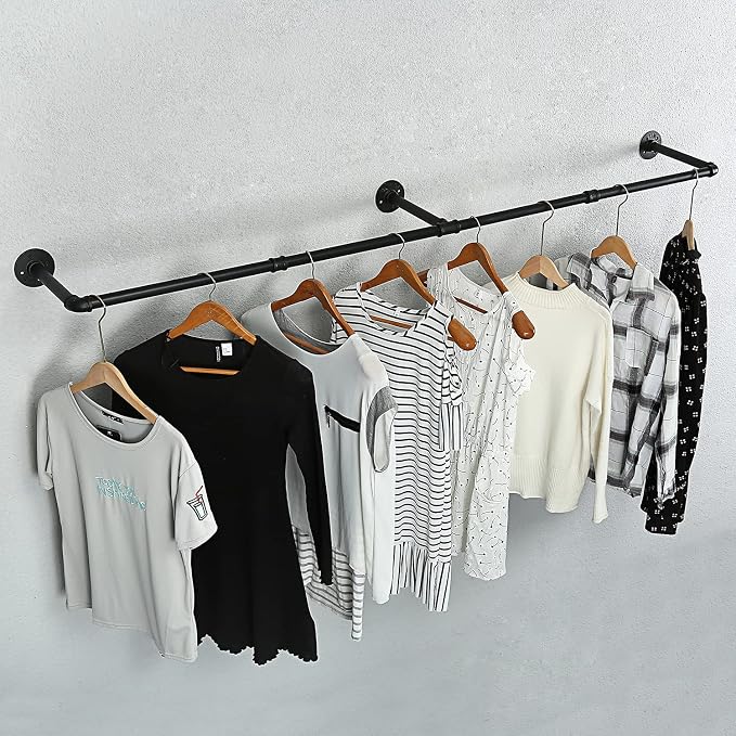 Oroonoko 72inch Industrial Pipe Clothes Rack Wall Mount For Hanging Rod Bar for Laundry Room, Closet Rod& Plant Hanger Up to Max Load 135Lb Black (72inch(1 Pack))