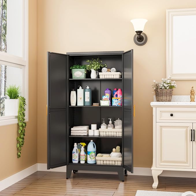 GAIOUS Metal Storage Cabinet With 2 Doors and 3 Adjustable Shelves, Black Kitchen Pantry for Food, Utility Cabinet for Laundry Room, Cupboard
