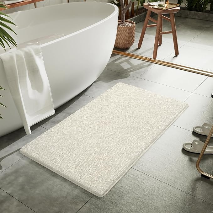 LOCHAS Luxury Bathroom Rug Shaggy Bath Mat 24 x 36 Inch, Cream White | Washable Non Slip Bath Rugs for Bathroom Shower, Soft Plush Chenille Absorbent Carpets
