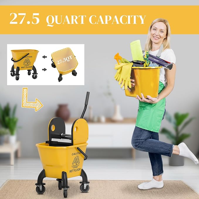 HOMCOM Mop Bucket with Wringer on Wheels, 27.5 Quart, with Mop, Yellow | Down Press Wringer, Handle and Mop, Floor Cleaning